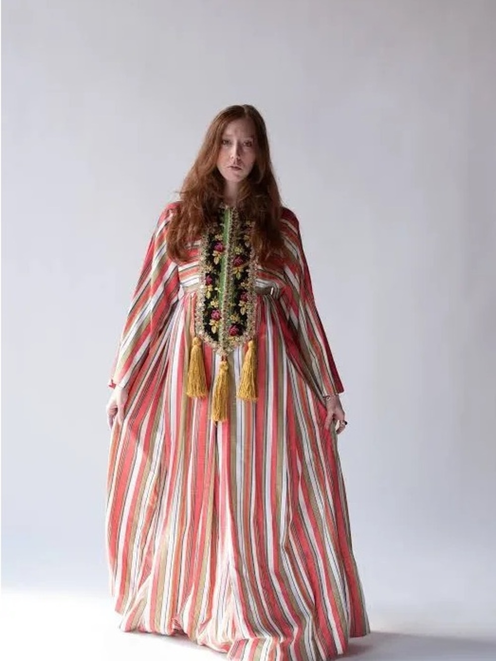 Striped Bohemian Maxi Dress with Tassel Embroidery - Coral Stripe
